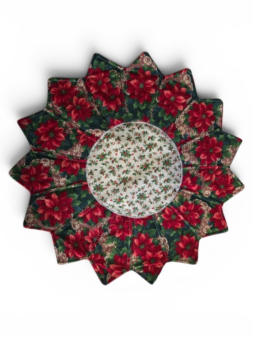 Handmade Christmas Quilted Table Topper Reversible Poinsettia Centerpiece Holida